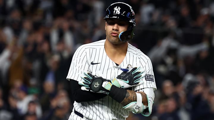Oct 29, 2024; Bronx, New York, USA; New York Yankees second baseman Gleyber Torres (25) reacts after hitting a three run home run against the Los Angeles Dodgers in the eighth inning during game four of the 2024 MLB World Series at Yankee Stadium Oct 29, 2024; Bronx, New York, USA; New York Yankees second baseman Gleyber Torres (25) reacts after hitting a three run home run against the Los Angeles Dodgers in the eighth inning during game four of the 2024 MLB World Series at Yankee Stadium