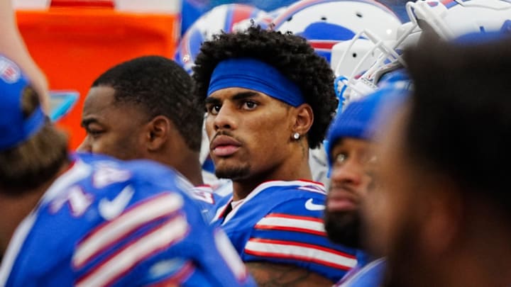 Buffalo Bills wide receiver Keon Coleman (0) watches the play on the Jumbotron during second half action at the Bills home game against the New York Jets at Highmark Stadium in Orchard Park on Dec. 29, 2024.