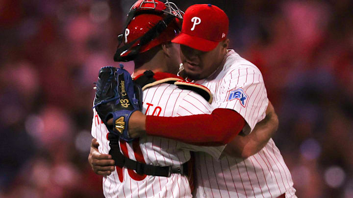  Philadelphia Phillies pitcher Carlos Hernandez (35) and catcher J.T. Realmuto (10) congratulate each other after a victory against the Washington Nationals at Citizens Bank Park.