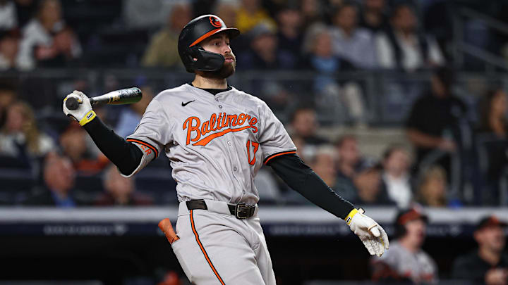 Sep 24, 2024; Bronx, New York, USA; Baltimore Orioles left fielder Colton Cowser (17) hits a solo home run during the eighth inning against the New York Yankees at Yankee Stadium. Mandatory Credit: Vincent Carchietta-Imagn Images