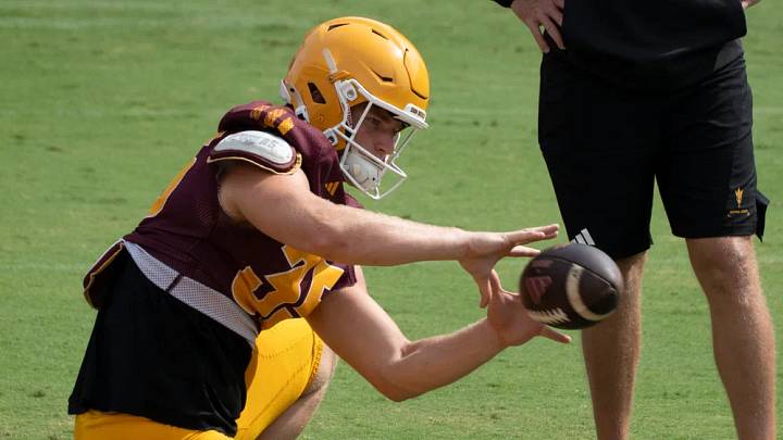 Nick McLarty (punter) during football practice at ASU’s Mountain America Stadium in Tempe on Aug. 11, 2026. Nick McLarty (punter) during football practice at ASU’s Mountain America Stadium in Tempe on Aug. 11, 2026.