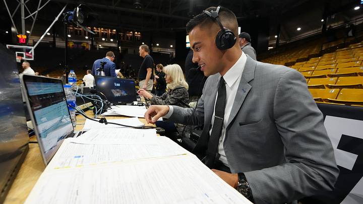 Jan 7, 2023; Boulder, Colorado, USA; PAC 12 sports broadcaster Jacob Tobey prior to the game between the Oregon State Beavers against the Colorado Buffaloes at CU Events Center.