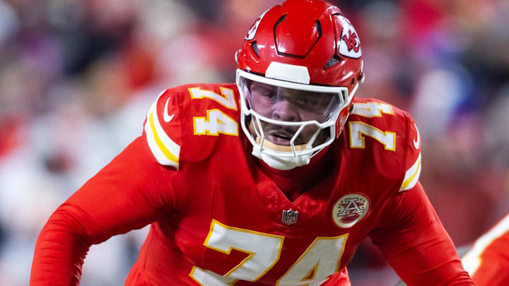 Kansas City Chiefs offensive tackle Jawaan Taylor (74) against the Buffalo Bills in the AFC Championship game at GEHA Field at Arrowhead Stadium.