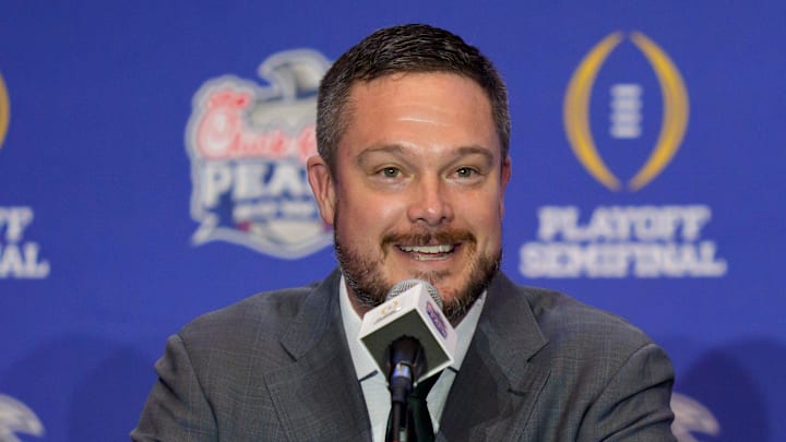 Oregon head coach Dan Lanning speaks during the head coaches’ press conference ahead of the Peach Bowl at the College Football Hall of Fame in Atlanta, Georgia, on Jan. 8, 2026.
