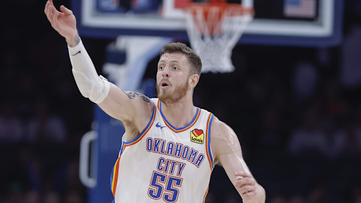 Oct 9, 2024; Oklahoma City, Oklahoma, USA; Oklahoma City Thunder center Isaiah Hartenstein (55) gestures after a play against the Houston Rockets during the second quarter at Paycom Center. Mandatory Credit: Alonzo Adams-Imagn Images