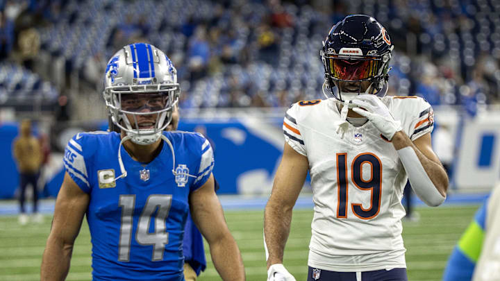 Detroit Lions wide receiver Amon-Ra St. Brown (14) and his brother Chicago Bears wide receiver Equanimeous St. Brown (19) Detroit Lions wide receiver Amon-Ra St. Brown (14) and his brother Chicago Bears wide receiver Equanimeous St. Brown (19)
