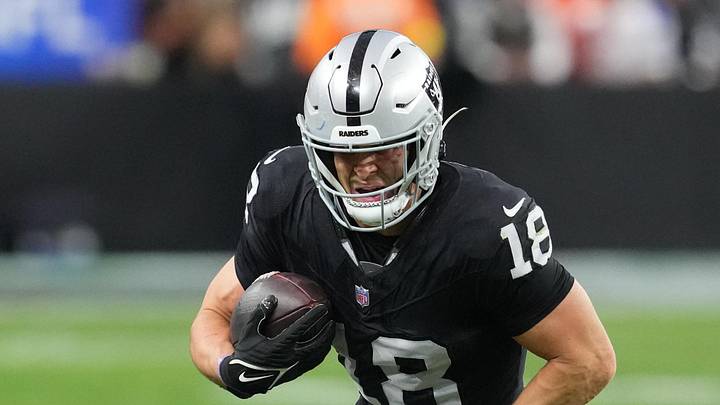 Dec 7, 2025; Paradise, Nevada, USA; Las Vegas Raiders wide receiver Jack Bech (18) runs after the catch against the Denver Broncos during the second half at Allegiant Stadium. Mandatory Credit: Stephen R. Sylvanie-Imagn Images Dec 7, 2025; Paradise, Nevada, USA; Las Vegas Raiders wide receiver Jack Bech (18) runs after the catch against the Denver Broncos during the second half at Allegiant Stadium. Mandatory Credit: Stephen R. Sylvanie-Imagn Images