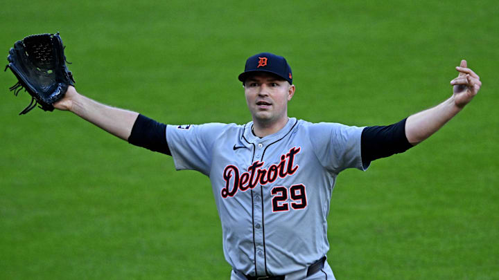Oct 7, 2024; Cleveland, Ohio, USA; 'Detroit Tigers pitcher Tarik Skubal (29) celebrates after a double play that ended the sixth inning against the Cleveland Guardians during game two of the ALDS for the 2024 MLB Playoffs at Progressive Field. Mandatory Credit: David Richard-Imagn Images Oct 7, 2024; Cleveland, Ohio, USA; 'Detroit Tigers pitcher Tarik Skubal (29) celebrates after a double play that ended the sixth inning against the Cleveland Guardians during game two of the ALDS for the 2024 MLB Playoffs at Progressive Field. Mandatory Credit: David Richard-Imagn Images