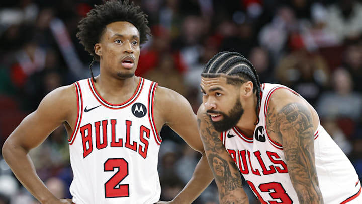 Feb 19, 2026; Chicago, Illinois, USA; Chicago Bulls guard Collin Sexton (2) and Chicago Bulls center Nick Richards (13) stand on the court during the second half at United Center. Mandatory Credit: Kamil Krzaczynski-Imagn Images
