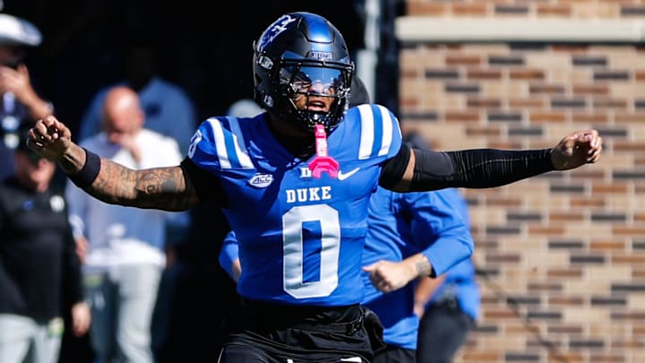 Oct 18, 2025; Durham, North Carolina, USA; Duke Blue Devils tight end Chandler Rivers (0) runs out before the first half of the game against Georgia Tech Yellow Jackets at Wallace Wade Stadium. Mandatory Credit: Jaylynn Nash-Imagn Images