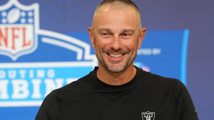 Feb 24, 2026; Indianapolis, IN, USA; Las Vegas Raiders general manager John Spytek speaks at the NFL Scouting Combine at the Indiana Convention Center. Mandatory Credit: Kirby Lee-Imagn Images
