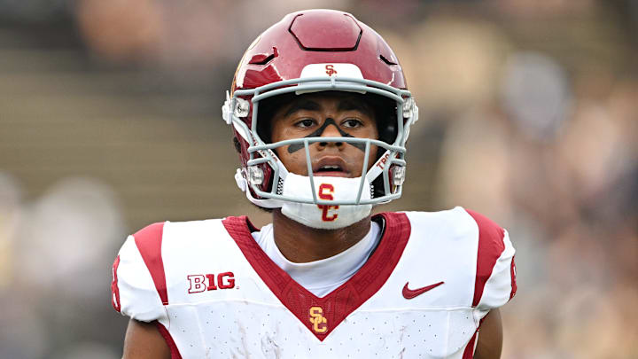 Sep 13, 2025; West Lafayette, Indiana, USA; Southern California Trojans wide receiver Ja'Kobi Lane (8)  warms up on the field before the game against the Purdue Boilermakers at Ross-Ade Stadium. Mandatory Credit: Marc Lebryk-Imagn Images