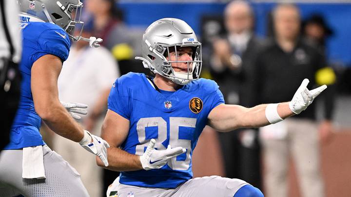 Nov 27, 2025; Detroit, Michigan, USA; Detroit Lions wide receiver Tom Kennedy (85) celebrates after a play against the Green Bay Packers during the second quarter at Ford Field. Mandatory Credit: Lon Horwedel-Imagn Images Nov 27, 2025; Detroit, Michigan, USA; Detroit Lions wide receiver Tom Kennedy (85) celebrates after a play against the Green Bay Packers during the second quarter at Ford Field. Mandatory Credit: Lon Horwedel-Imagn Images