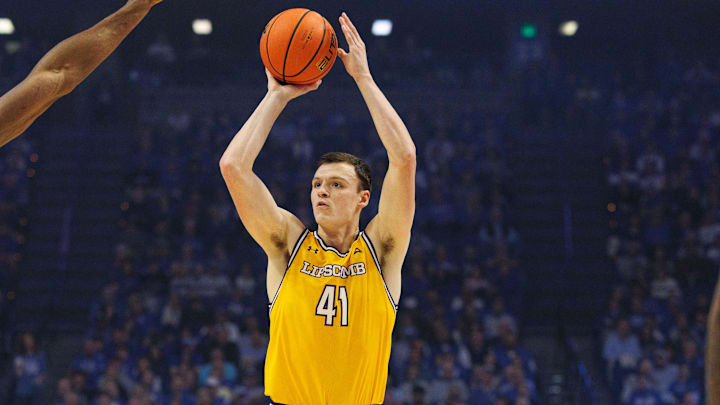 Nov 19, 2024; Lexington, Kentucky, USA; Lipscomb Bisons forward Jacob Ognacevic (41) shoots the ball during the first half against the Kentucky Wildcats at Rupp Arena at Central Bank Center. Mandatory Credit: Jordan Prather-Imagn Images