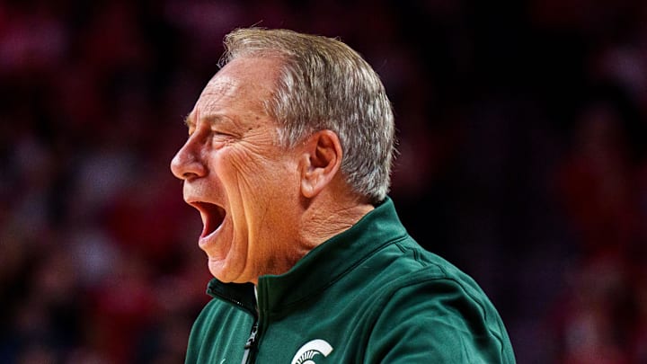 Jan 2, 2026; Lincoln, Nebraska, USA; Michigan State Spartans head coach Tom Izzo reacts to a foul against the Nebraska Cornhuskers during the first half at Pinnacle Bank Arena. Mandatory Credit: Dylan Widger-Imagn Images