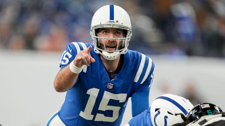 Indianapolis Colts quarterback Joe Flacco (15) yells from the line of scrimmage Sunday, Jan. 5, 2025, during a game against the Jacksonville Jaguars at Lucas Oil Stadium in Indianapolis.