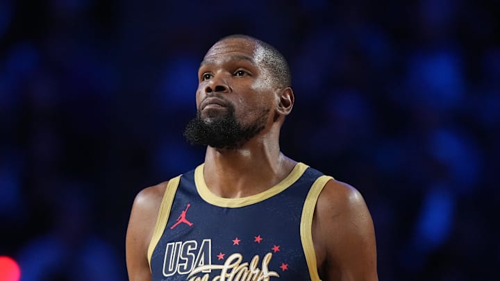 Feb 15, 2026; Inglewood, California, USA; Team USA Stripes forward Kevin Durant () 7of the Houston Rockets looks on during game three against Team World during the 75th NBA All Star Game at Intuit Dome. Mandatory Credit: Kirby Lee-Imagn Images