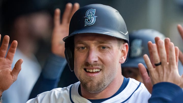 Seattle Mariners first baseman Luke Raley celebrates after scoring a run against the Houston Astros on June 19 at T-Mobile Park. Seattle Mariners first baseman Luke Raley celebrates after scoring a run against the Houston Astros on June 19 at T-Mobile Park.