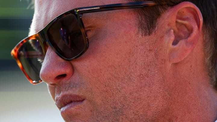 Sep 28, 2025; Tampa, Florida, USA; Fox Sports broadcaster Tom Brady looks on from the field before the game between Philadelphia Eagles and Tampa Bay Buccaneers at Raymond James Stadium. Mandatory Credit: Nathan Ray Seebeck-Imagn Images