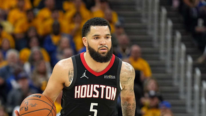 Apr 26, 2025; San Francisco, California, USA; Houston Rockets guard Fred VanVleet (5) dribbles against the Golden State Warriors during the fourth quarter of game three of first round for the 2024 NBA Playoffs at Chase Center. Mandatory Credit: Darren Yamashita-Imagn Images