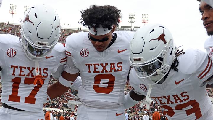 Texas Longhorns defensive backs Xavier Filsaime (17), Jonah Williams (9) and Jordon Johnson-Rubell (23) huddle up during warm ups prior to the game against the Mississippi State Bulldogs at Davis Wade Stadium at Scott Field. Texas Longhorns defensive backs Xavier Filsaime (17), Jonah Williams (9) and Jordon Johnson-Rubell (23) huddle up during warm ups prior to the game against the Mississippi State Bulldogs at Davis Wade Stadium at Scott Field.
