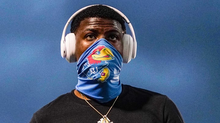 Sep 12, 2020; Lawrence, Kansas, USA; Kansas Jayhawks cornerback Karon Prunty (9) wears a Black Lives Matter shirt during warmups before a game against the Coastal Carolina Chanticleers at David Booth Kansas Memorial Stadium. Mandatory Credit: Jay Biggerstaff-Imagn Images