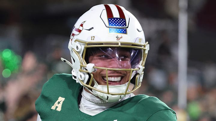 Nov 6, 2025; Tampa, Florida, USA; South Florida Bulls quarterback Byrum Brown (17) celebrates after they scored a touchdown against the UTSA Roadrunners during the second quarter at Raymond James Stadium. Mandatory Credit: Kim Klement Neitzel-Imagn Images