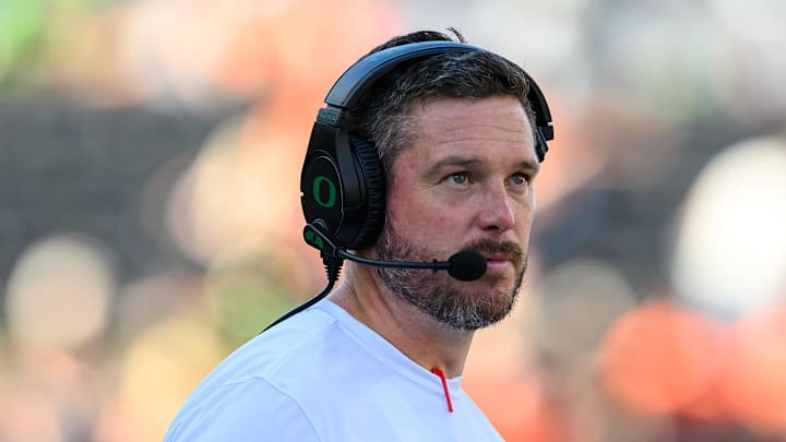 Sep 14, 2024; Corvallis, Oregon, USA; Oregon Ducks head coach Dan Lanning looks toward the scoreboard during the second half against the Oregon State Beavers at Reser Stadium. Mandatory Credit: Craig Strobeck-Imagn Images