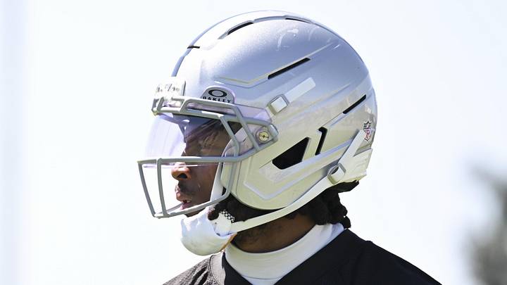  Las Vegas Raiders wide receiver Tre Tucker practices during organized team activities.