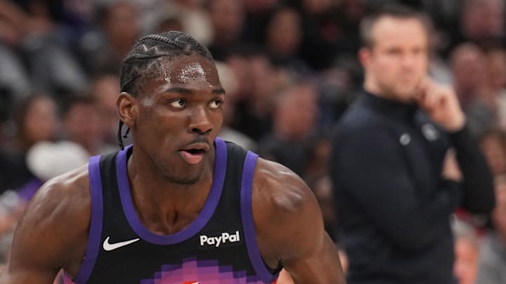 Mar 6, 2026; Phoenix, Arizona, USA; Phoenix Suns forward Rasheer Fleming (20) dribbles against the New Orleans Pelicans during the first half at Mortgage Matchup Center. Mandatory Credit: Joe Camporeale-Imagn Images