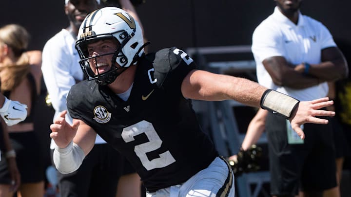 Vanderbilt ’s Diego Pavia celebrates after a touchdown during Saturday’s game between Vanderbilt and Virginia Tech at FirstBank Stadium in Nashville , Tenn., Saturday, Aug. 31, 2024.