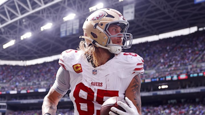 Sep 7, 2025; Seattle, Washington, USA; San Francisco 49ers tight end George Kittle (85) celebrates after scoring a touchdown during the first half against the Seattle Seahawks during the first quarter at Lumen Field. Mandatory Credit: Joe Nicholson-Imagn Images Sep 7, 2025; Seattle, Washington, USA; San Francisco 49ers tight end George Kittle (85) celebrates after scoring a touchdown during the first half against the Seattle Seahawks during the first quarter at Lumen Field. Mandatory Credit: Joe Nicholson-Imagn Images