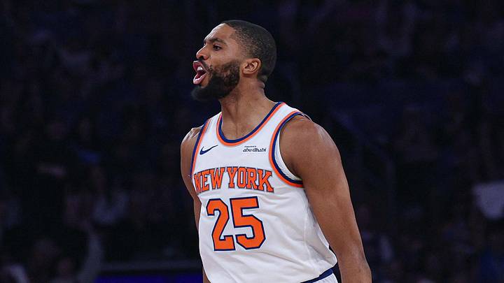 Apr 18, 2026; New York, New York, USA; New York Knicks guard Mikal Bridges (25) reacts after a basket with guard Josh Hart (3) during the first half of the 2026 NBA Playoffs against the Atlanta Hawks at Madison Square Garden. Mandatory Credit: Vincent Carchietta-Imagn Images