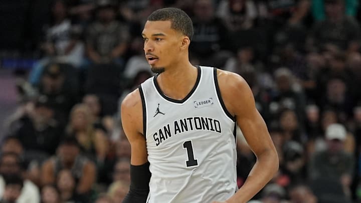 Mar 19, 2026; San Antonio, Texas, USA;  San Antonio Spurs forward Victor Wembanyama (1) dribbles up the court in the first half against the Phoenix Suns at Frost Bank Center. Mandatory Credit: Daniel Dunn-Imagn Images