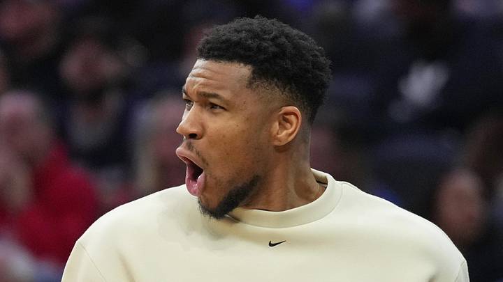 Milwaukee Bucks forward Giannis Antetokounmpo reacts against the Philadelphia 76ers at Xfinity Mobile Arena on Apr 12, 2026.