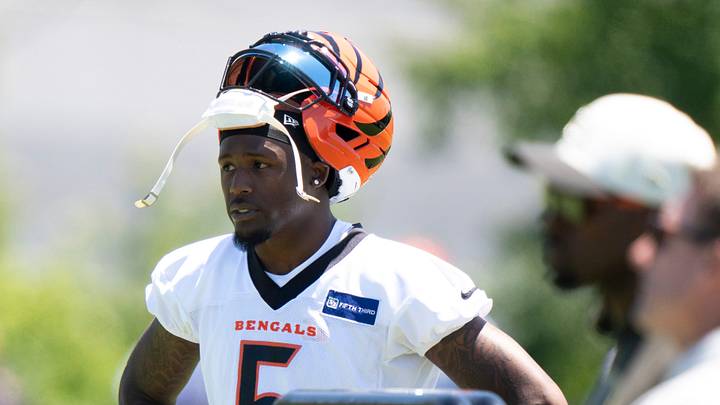 Cincinnati Bengals wide receiver Tee Higgins (5) stands during spring practice on at the Kettering Practice Fields on Tuesday, June 2, 2026. Cincinnati Bengals wide receiver Tee Higgins (5) stands during spring practice on at the Kettering Practice Fields on Tuesday, June 2, 2026.
