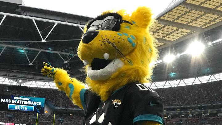 Oct 1, 2023; London, United Kingdom; Jacksonville Jaguars mascot Jaxson de Ville gestures during an NFL International Series game against the Atlanta Falcons at Wembley Stadium. Mandatory Credit: Kirby Lee-USA TODAY Sports
