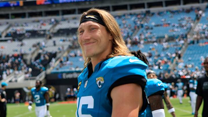 Jacksonville Jaguars quarterback Trevor Lawrence (16) smiles at his wife, Marissa, not shown, before an NFL football matchup at EverBank Stadium on Sunday, Sept. 13, 2026, in Jacksonville, Fla. The Jaguars defeated the Browns 34-10. 