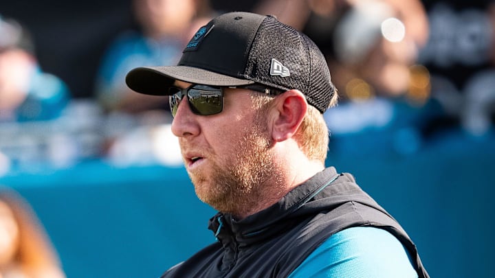 Jacksonville Jaguars head coach Liam Coen watches his team warm up before an NFL scrimmage at EverBank Stadium Friday August 1, 2025, in Jacksonville, Fla. [Doug Engle/Florida Times-Union]