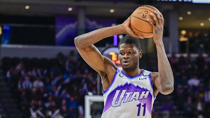 Oct 16, 2025; Salt Lake City, Utah, USA; Utah Jazz center Mo Bamba (11) waits to pass to Utah Jazz center Kyle Filipowski (22) during the second half against the Portland Trail Blazers at Delta Center. Mandatory Credit: Peter Creveling-Imagn Images