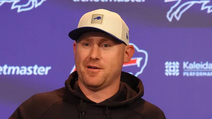 Jun 9, 2026; Orchard Park, NY, USA; Buffalo Bills head coach Joe Brady answers questions during practice press conference. Mandatory Credit: Gregory Fisher-Imagn Images