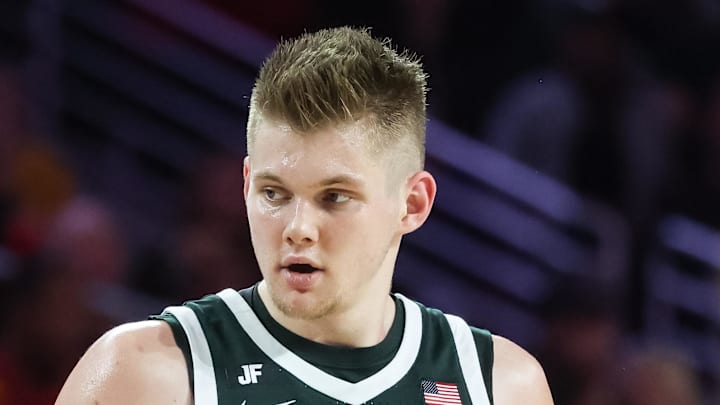 Feb 1, 2025; Los Angeles, California, USA;  Michigan State Spartans forward Jaxon Kohler (0) reacts during the second half against the USC Trojans as the Galen Center. Mandatory Credit: William Navarro-Imagn Images