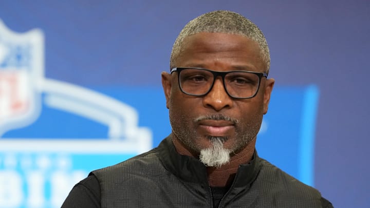 Feb 24, 2026; Indianapolis, IN, USA; New York Jets coach Aaron Glenn speaks at the NFL Scouting Combine at the Indiana Convention Center. Mandatory Credit: Kirby Lee-Imagn Images