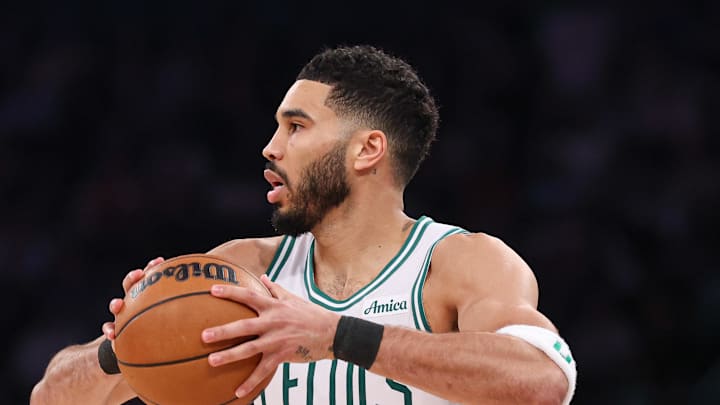 May 12, 2025; New York, New York, USA; Boston Celtics forward Jayson Tatum (0) looks to pass in the second half during game four of the second round for the 2025 NBA Playoffs against the New York Knicks at Madison Square Garden. Mandatory Credit: Vincent Carchietta-Imagn Images