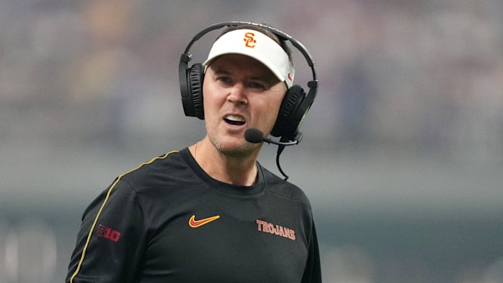 Sep 1, 2024; Paradise, Nevada, USA; Southern California Trojans head coach Lincoln Riley reacts in the first half against the LSU Tigers at Allegiant Stadium. Mandatory Credit: Kirby Lee-Imagn Images