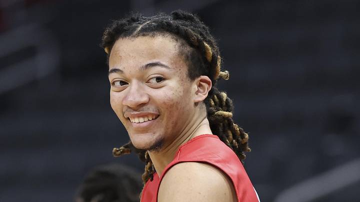 Houston Cougars guard Kingston Flemings (4) during a practice session ahead of the south regional of the men's 2026 NCAA Tournament at Toyota Center on March 25, 2026. Houston Cougars guard Kingston Flemings (4) during a practice session ahead of the south regional of the men's 2026 NCAA Tournament at Toyota Center on March 25, 2026.