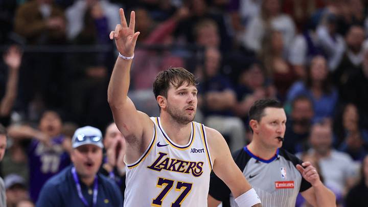 Oct 25, 2026; Salt Lake City, Utah, USA;  Los Angeles Lakers guard Luka Doncic (77) reacts after making a shot against the Utah Jazz during the second half at Delta Center.  Mandatory Credit: Rob Gray-Imagn Images