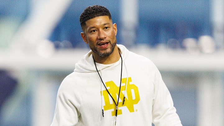 Head coach Marcus Freeman greets his players during a Notre Dame football practice at Irish Athletic Center on Friday, March 20, 2026, in South Bend. Head coach Marcus Freeman greets his players during a Notre Dame football practice at Irish Athletic Center on Friday, March 20, 2026, in South Bend.