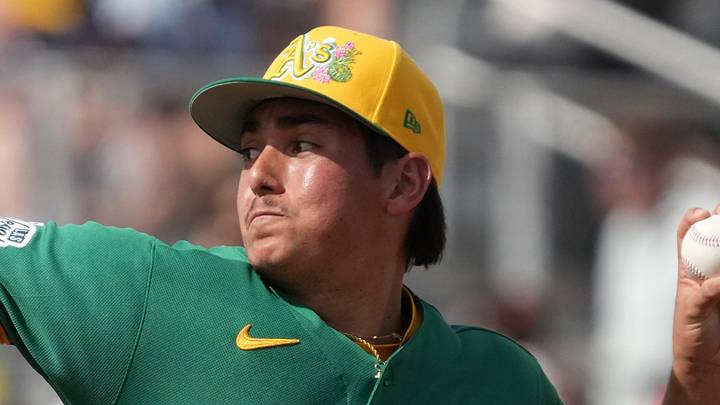 Feb 23, 2026; Scottsdale, Arizona, USA; Athletics pitcher Gage Jump (79) throws against the San Francisco Giants in the third inning at Scottsdale Stadium. Mandatory Credit: Rick Scuteri-Imagn Images