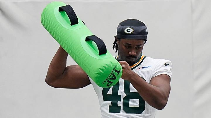 Green Bay Packers tight end RJ Maryland (48) warms up before a practice at minicamp. Green Bay Packers tight end RJ Maryland (48) warms up before a practice at minicamp.